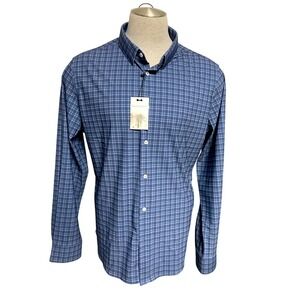 Savannah Spandex Blue Plaid Button Down Shirt Mens XL